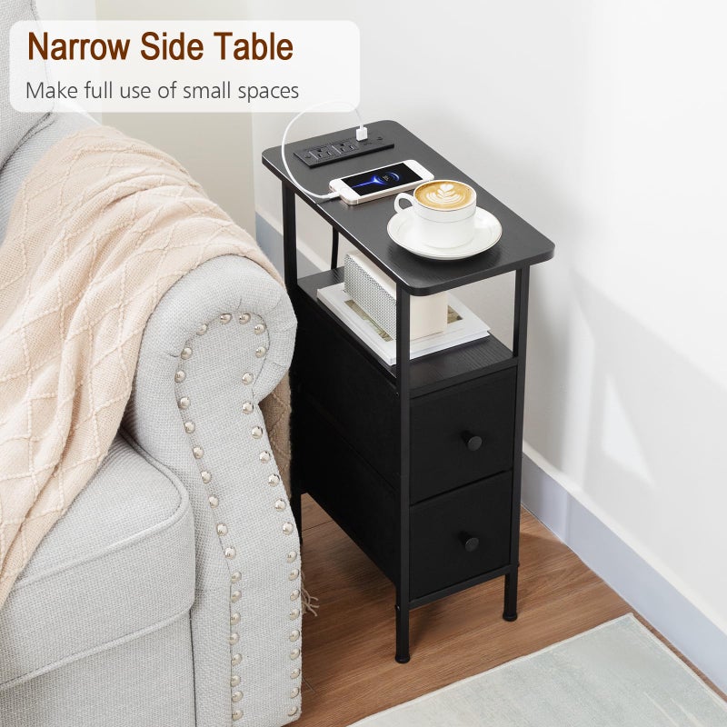 LOAKEKEL Narrow End Table Living Room with Charging Station, Skinny Side Table with Fabric Drawers, Slim Nightstand for Bedroom, Small Spaces, Couch, Black, HETNDP02BK-1 - Image 2