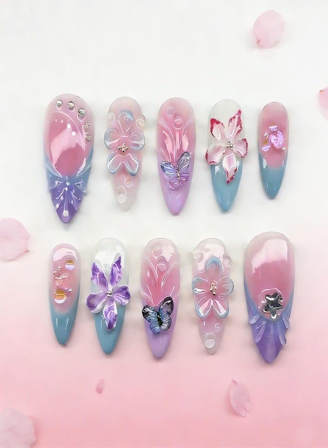 GRITOSE 30Pcs Handmade Almond Press on Nails Spring Summer Fake Nails with 3D Flower Butterfly Design Medium Almond Press on Nails French Tip Nails Press ons Reusable Stick on Nail for Women - Image 1