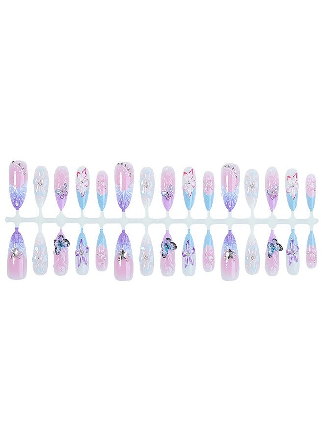 GRITOSE 30Pcs Handmade Almond Press on Nails Spring Summer Fake Nails with 3D Flower Butterfly Design Medium Almond Press on Nails French Tip Nails Press ons Reusable Stick on Nail for Women - Image 4