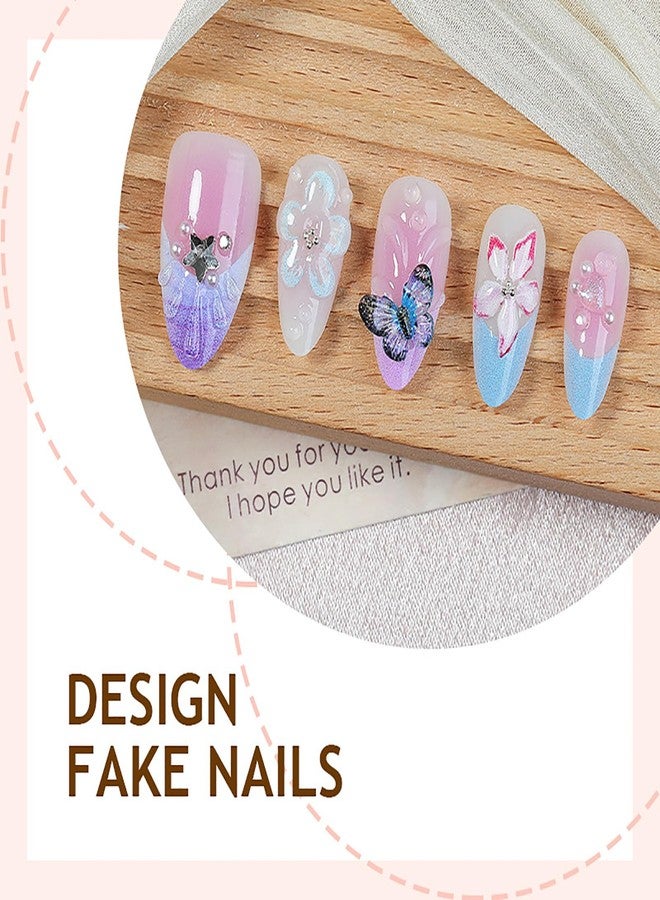 GRITOSE 30Pcs Handmade Almond Press on Nails Spring Summer Fake Nails with 3D Flower Butterfly Design Medium Almond Press on Nails French Tip Nails Press ons Reusable Stick on Nail for Women - Image 2