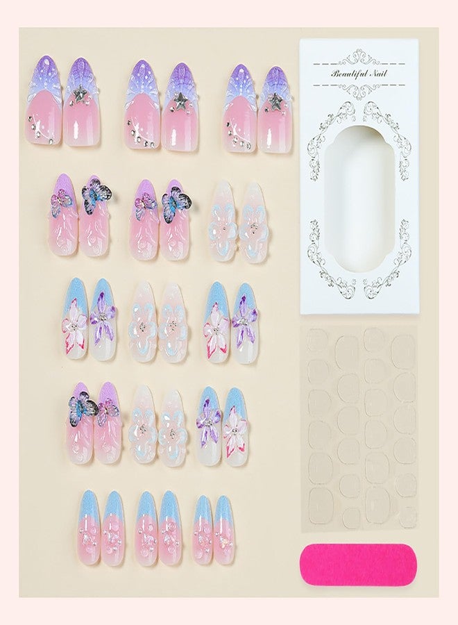 GRITOSE 30Pcs Handmade Almond Press on Nails Spring Summer Fake Nails with 3D Flower Butterfly Design Medium Almond Press on Nails French Tip Nails Press ons Reusable Stick on Nail for Women - Image 3