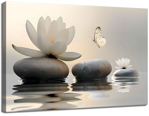 styfasin Zen White Lotus Canvas Wall Art White Flower Yellow Butterfly on Lake Wall Decor Pictures Meditation Posters Prints for Bathroom Living Room Modern Spiritual Yoga Spa Bedroom Decoration - Image 1