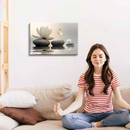 styfasin Zen White Lotus Canvas Wall Art White Flower Yellow Butterfly on Lake Wall Decor Pictures Meditation Posters Prints for Bathroom Living Room Modern Spiritual Yoga Spa Bedroom Decoration - Image 3