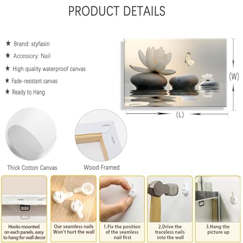 styfasin Zen White Lotus Canvas Wall Art White Flower Yellow Butterfly on Lake Wall Decor Pictures Meditation Posters Prints for Bathroom Living Room Modern Spiritual Yoga Spa Bedroom Decoration - Image 2