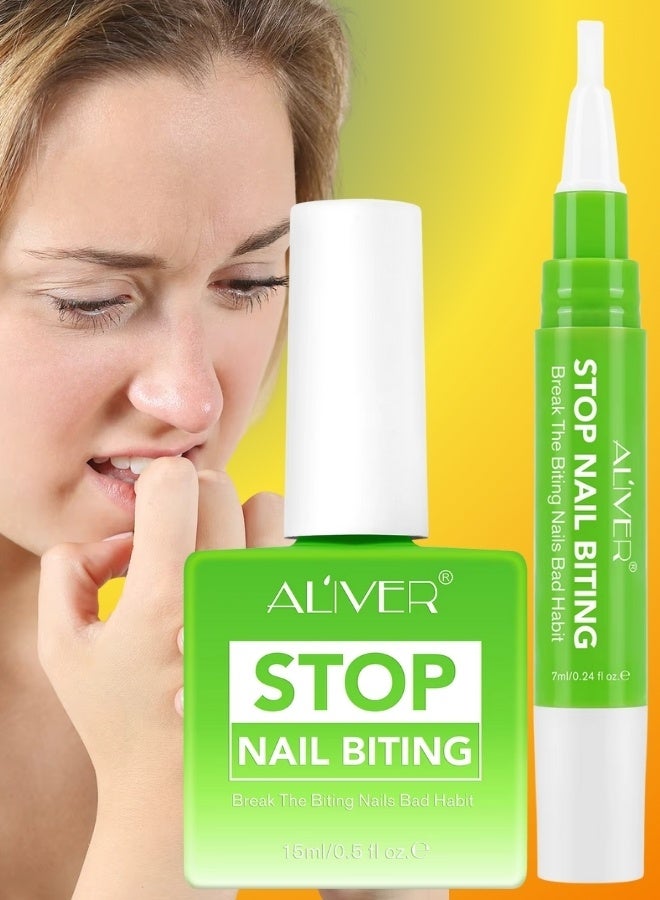 ALIVER طقم 2 قطعة لإيقاف قضم الأظافر (7 مل + 15 مل)، كسر عادة قضم الأظافر السيئة، طعم مر طبيعي، تقليل القضم، تركيبة تجف بسرعة - Image 1
