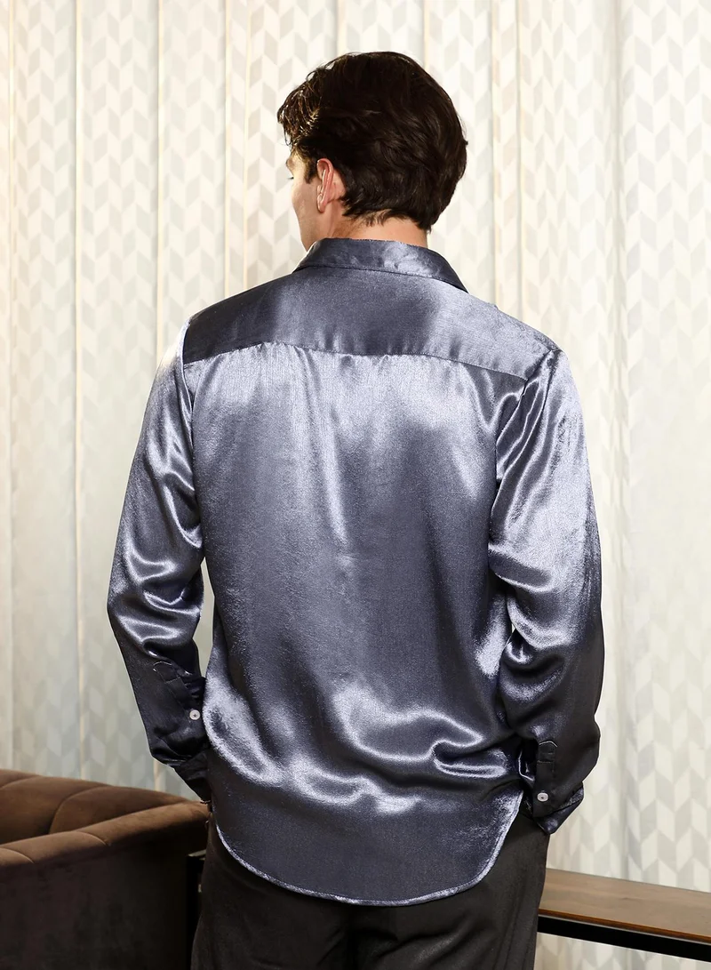 CAHOOT  Men's Charcoal Grey Solid Satin Shirt for Men | Best Price UAE