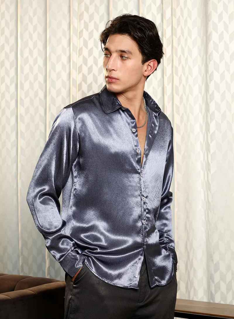 CAHOOT  Men's Charcoal Grey Solid Satin Shirt for Men | Best Price UAE