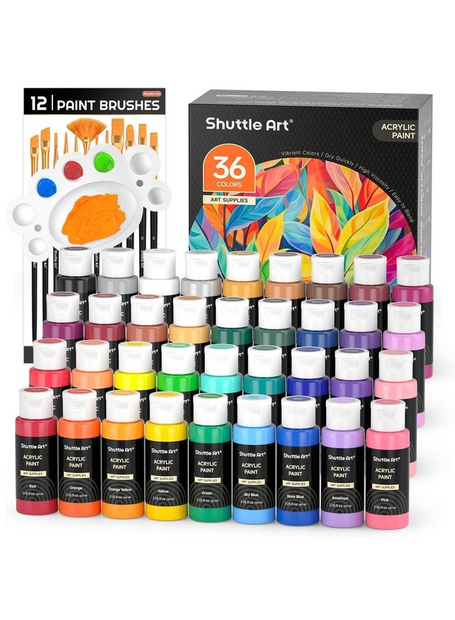 شاتل أرت مجموعة ألوان أكريليك، 36 لونًا من ألوان الأكريليك مع فرش ولوحة، زجاجات سعة 2 أونصة، أصباغ غنية غير سامة للفنانين الأطفال والكبار، لوازم فنية للرسم على القماش والصخور والسيراميك والخشب - Image 1
