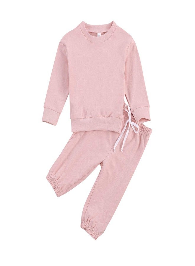 Honganda 2Pcs Toddler Baby Girl Plain Solid Sweatshirt Pullover Tops Drawstring Sweatpants Joggers Casual Fall Winter Outfit Set (Pink, 4-5T) - Image 1