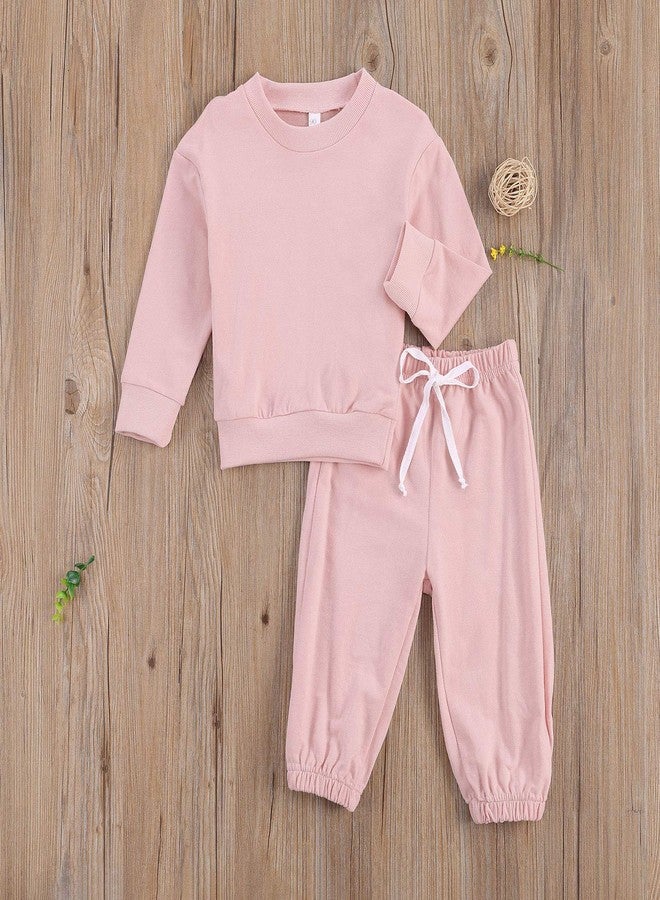 Honganda 2Pcs Toddler Baby Girl Plain Solid Sweatshirt Pullover Tops Drawstring Sweatpants Joggers Casual Fall Winter Outfit Set (Pink, 4-5T) - Image 3
