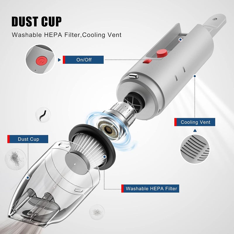 FYA Handheld Vacuum Cleaner Cordless Wireless Hand VacuumAir Blower 2in1 Mini Portable Car Vacuum Cleaner with Powerful Suction USB Rechargeable Vacuum for Home and Car Silver HEPA Filter - Image 5