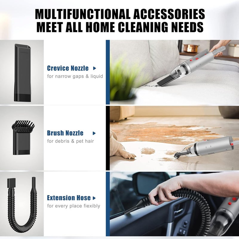 FYA Handheld Vacuum Cleaner Cordless Wireless Hand VacuumAir Blower 2in1 Mini Portable Car Vacuum Cleaner with Powerful Suction USB Rechargeable Vacuum for Home and Car Silver HEPA Filter - Image 2