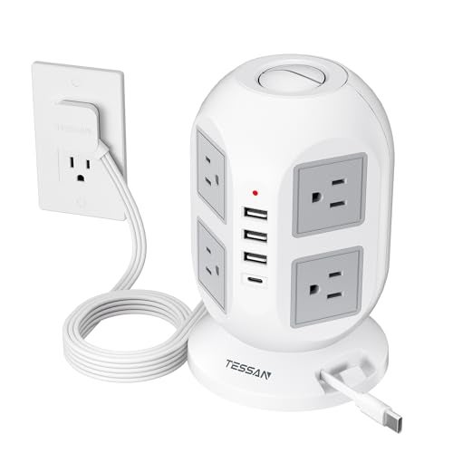 TESSAN Tower Power Strip Surge Protector 10 Ft, TESSAN Flat Plug Extension Cord with Multiple Outlets, 8 AC Outlets, 4 USB Ports, 1 Built-in USB Cable, Desk Charging Station for Home Dorm Office - Image 1