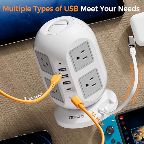 TESSAN Tower Power Strip Surge Protector 10 Ft, TESSAN Flat Plug Extension Cord with Multiple Outlets, 8 AC Outlets, 4 USB Ports, 1 Built-in USB Cable, Desk Charging Station for Home Dorm Office - Image 3