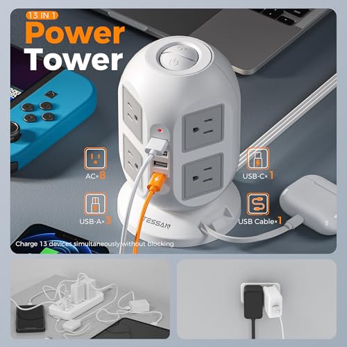 TESSAN Tower Power Strip Surge Protector 10 Ft, TESSAN Flat Plug Extension Cord with Multiple Outlets, 8 AC Outlets, 4 USB Ports, 1 Built-in USB Cable, Desk Charging Station for Home Dorm Office - Image 2