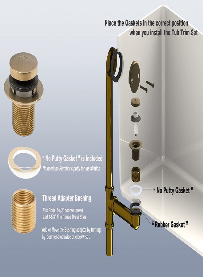 Artiwell Tip-Toe Tub Trim Set with Two-Hole Overflow Faceplate and No Plumber’s Gasket, Replacement Bath Drain Trim Kit with Universal Fine/Coarse Thread, No Putty Installation by Artiwell (Champagne Bronze) - Image 5