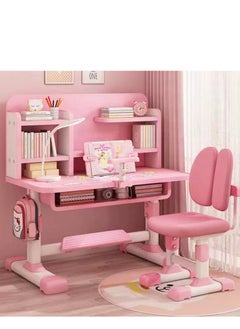 Golden Height Adjustable Kids Desk And Chair Set, School Study Desk With Multifunctional Bookshelf, Study Table And Chair Set For Girls,Boys, Kids Bedroom Furniture With Drawer  - Image 1