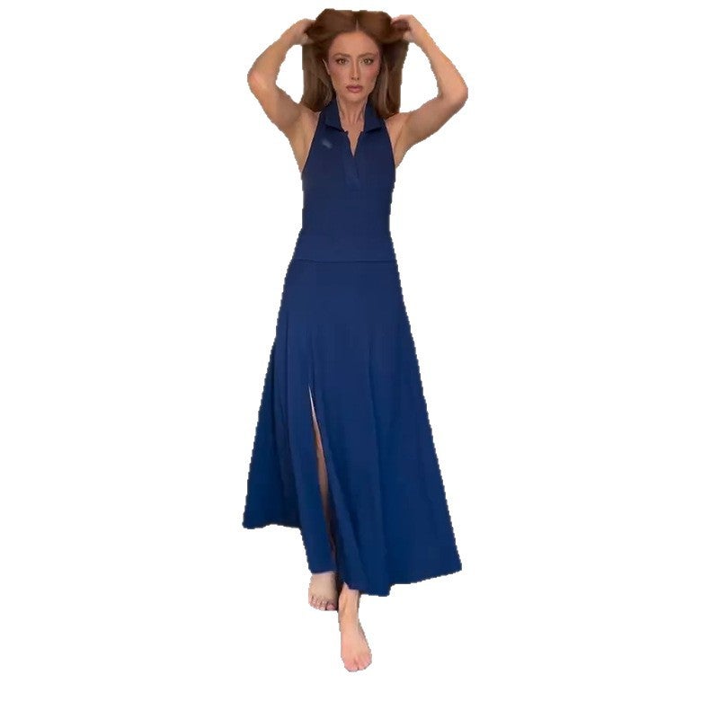 Women'S Hanging Neck Backless Slim Split Pure Blue Dress - Image 5