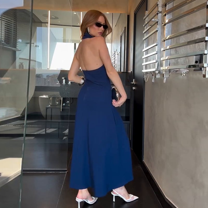 Women'S Hanging Neck Backless Slim Split Pure Blue Dress - Image 4