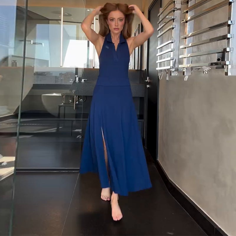 Women'S Hanging Neck Backless Slim Split Pure Blue Dress - Image 1