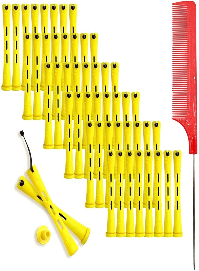 Bmpzery 48 Pcs Small Perm Rods,Perm Rods for Long Hair,Hair Rods for Curls Hairs with Rat Tail Combs and Steel Pintail,Heatless Rollers for Hairdressing Styling Essential Tools(0.28 x 3.23 Inch Yellow) - Image 1