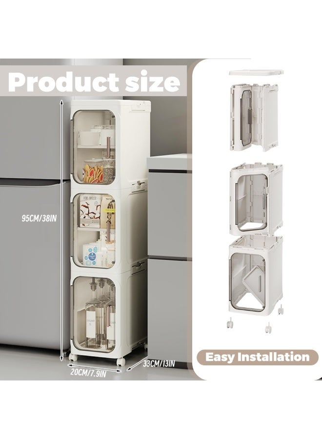 FLYROAD Tall Narrow Storage Cabinet, 3 Tier Slim Bathroom Floor Cabinet with Transparent Doors and Shelves, Foldable Storage Unit, Plastic Slim Bathroom Organizer for Small Space, Kitchen - Image 2