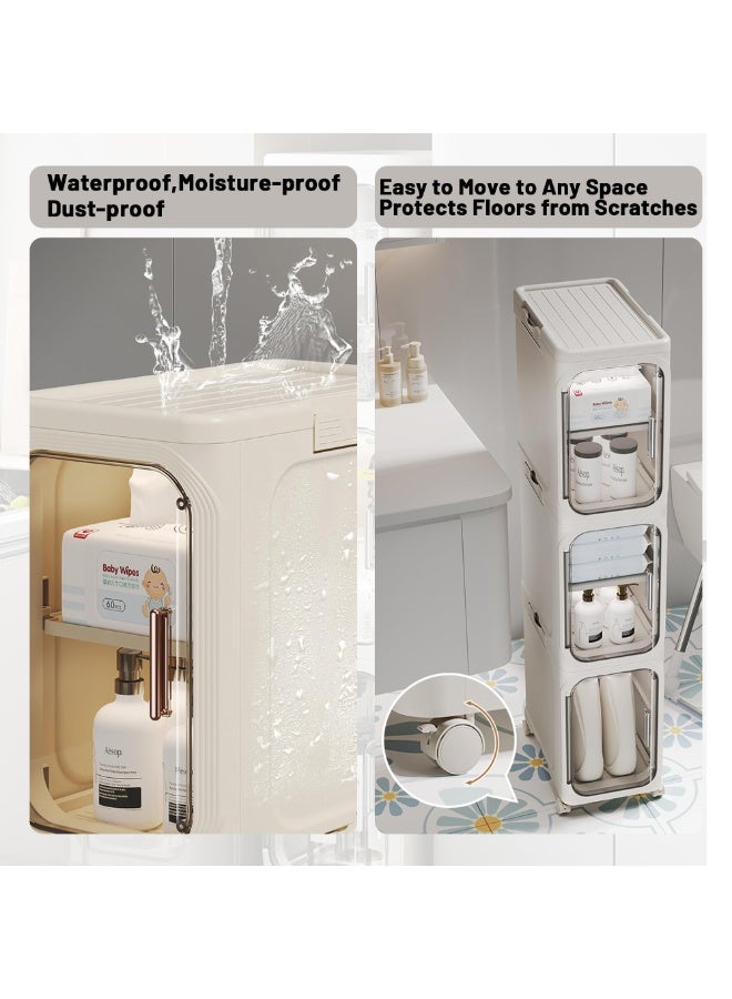 FLYROAD Tall Narrow Storage Cabinet, 3 Tier Slim Bathroom Floor Cabinet with Transparent Doors and Shelves, Foldable Storage Unit, Plastic Slim Bathroom Organizer for Small Space, Kitchen - Image 3