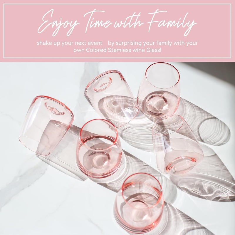 Cyrelwing Pink Stemless Wine Glasses Set 6-Colorful Wine Glasses Stemless for Wine water,whiskies, juices, cocktails,Unique Gifts for Mother day Birthday Wedding Party - Image 3