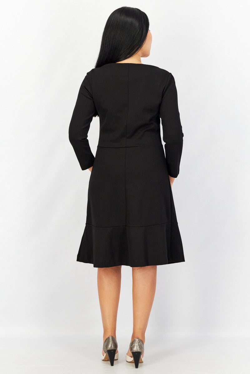 ESPRIT Women Boat Neck Long Sleeve Plain Midi Dress, Black - Image 2