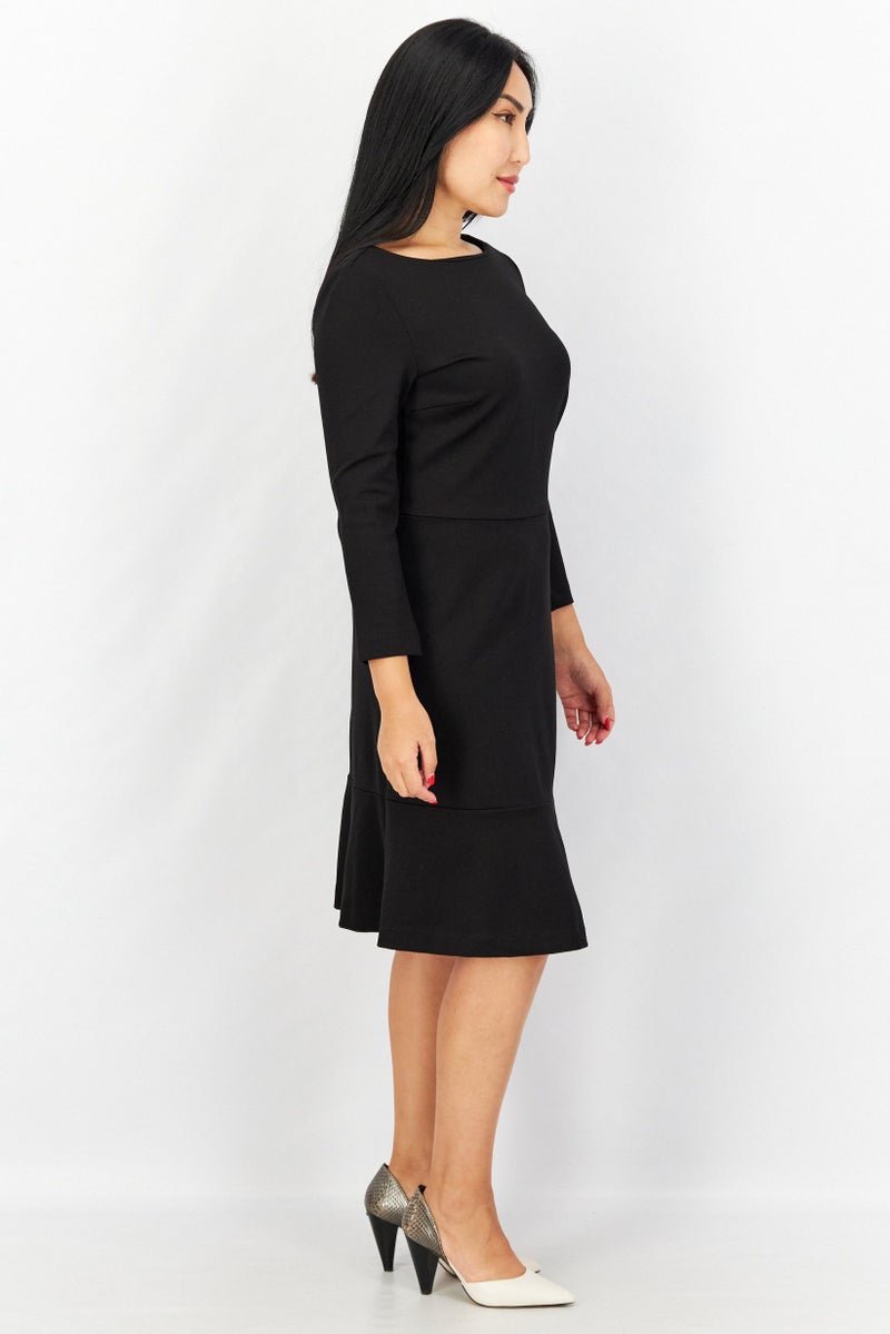 ESPRIT Women Boat Neck Long Sleeve Plain Midi Dress, Black - Image 1