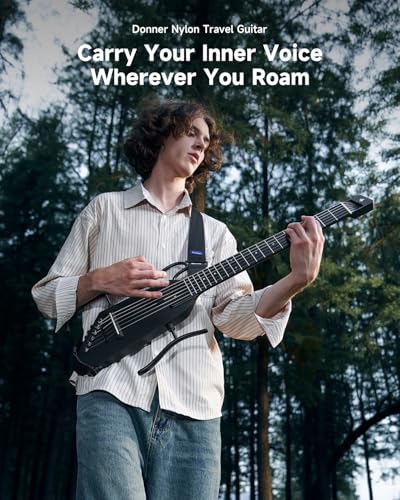 Donner Electric Nylon String Guitar for Travel Headless design Portable Quiet Practice Guitar Kit with Earphone Builtin Tuner Detachable Stand Gig Bag Black - Image 3