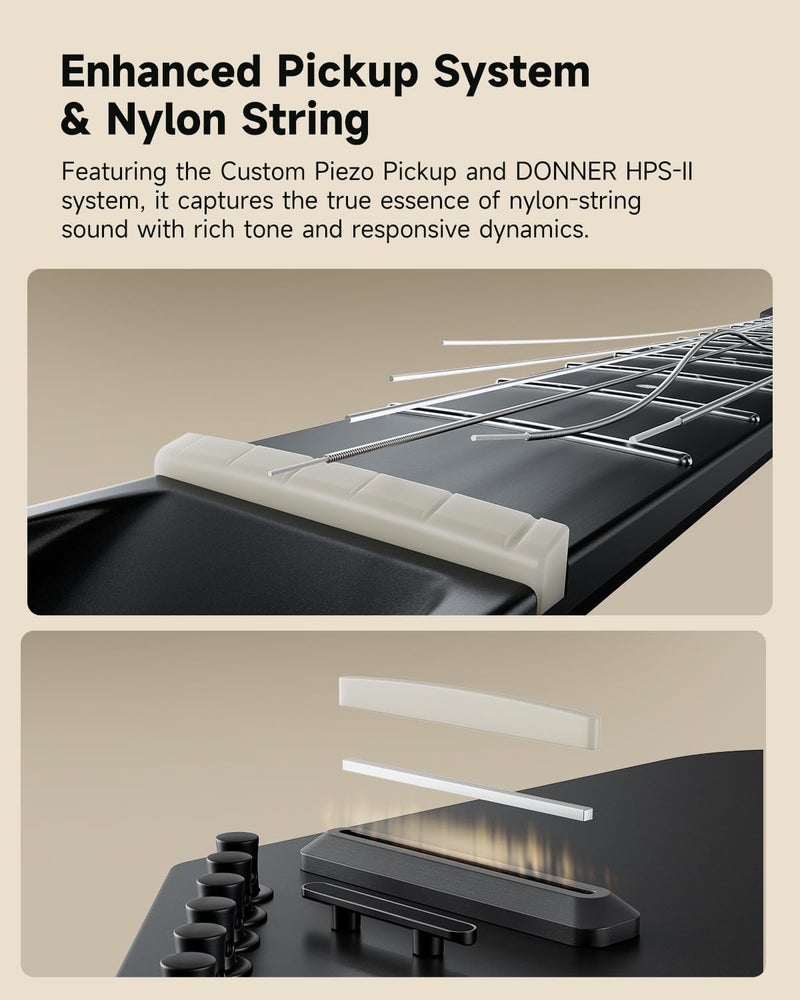 Donner HUSH C Travel Guitar - Ultralight Electro-Acoustic Guitar with Nylon Strings, Headphone Socket, Built-in Tuner, and Case, Black - Image 4