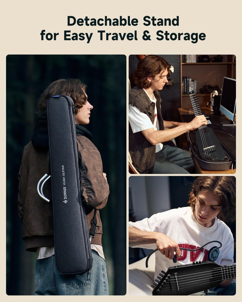 Donner HUSH C Travel Guitar - Ultralight Electro-Acoustic Guitar with Nylon Strings, Headphone Socket, Built-in Tuner, and Case, Black - Image 3