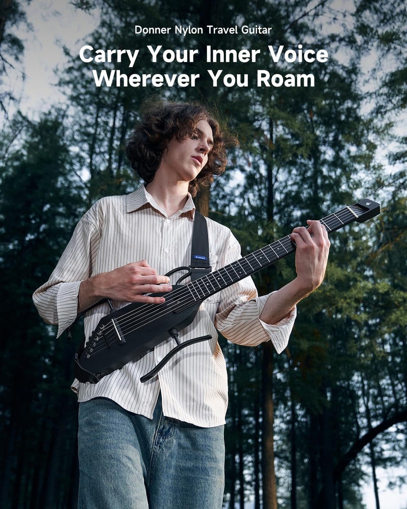 Donner HUSH C Travel Guitar - Ultralight Electro-Acoustic Guitar with Nylon Strings, Headphone Socket, Built-in Tuner, and Case, Black - Image 2