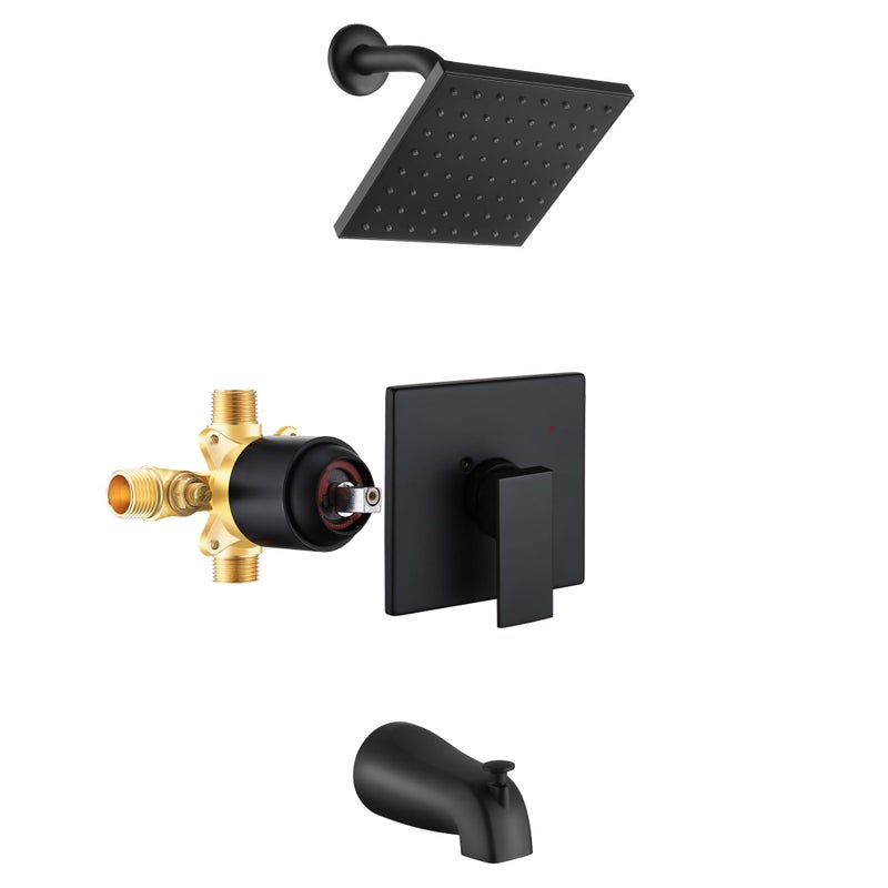 Esnbia Tub Shower Faucet Set Valve Included with 6Inch Rain Shower Head and Tub Spout Black Shower Head and Handle SetSingleHandle Tub and Shower Trim Kit Matte Black