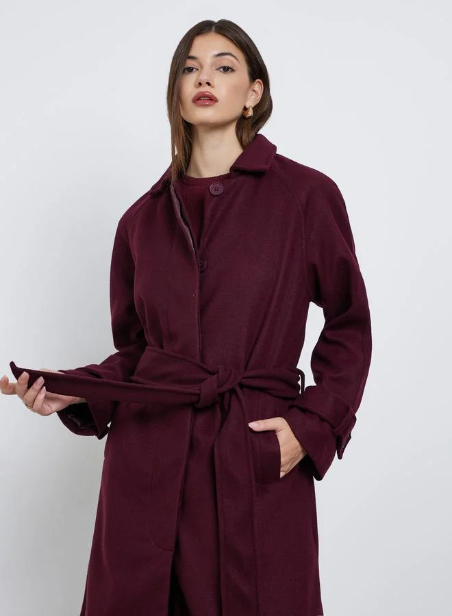 Styli Styli Burgundy Wool Look Belted Midi Coat