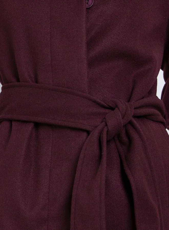 Styli Styli Burgundy Wool Look Belted Midi Coat