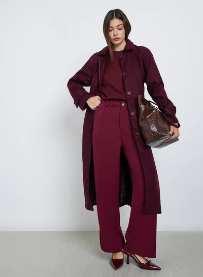 Styli Styli Burgundy Wool Look Belted Midi Coat