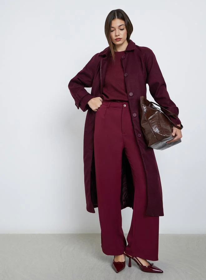 Styli Burgundy Wool Look Belted Midi Coat