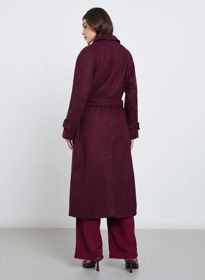 Styli Styli Burgundy Wool Look Belted Midi Coat