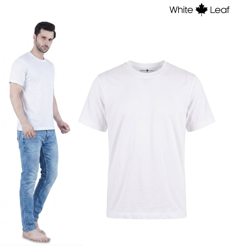 WHITE LEAF Men's Round Neck T-Shirt 1 Piece – 100% Combed Cotton Breathable Comfortable Casual Wear, White - Image 3