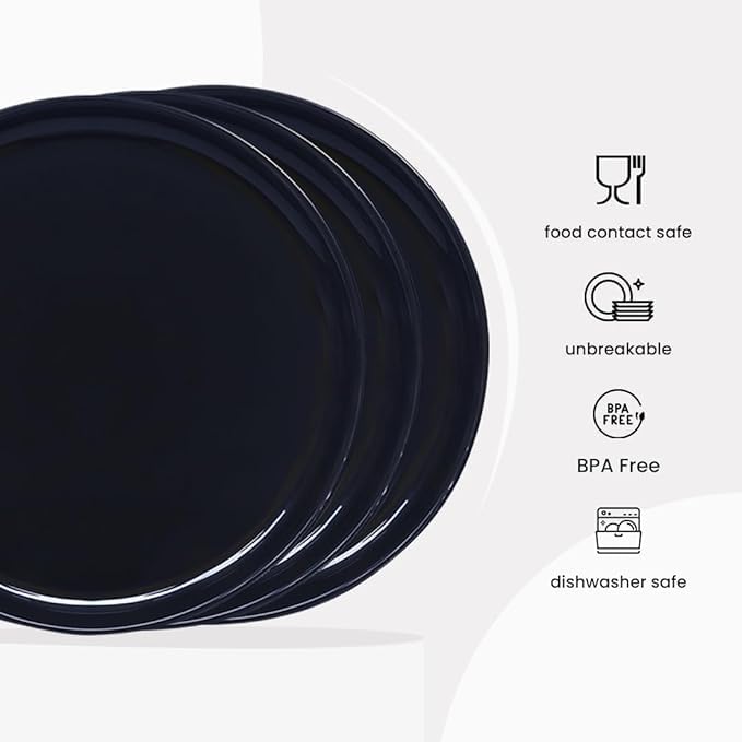 Everbuy® Unbreakable Round Serving Dinner Plates Full Size Plate for Dining Table Home Kitchen Party Restaurant 10 Pcs- Black - Image 3