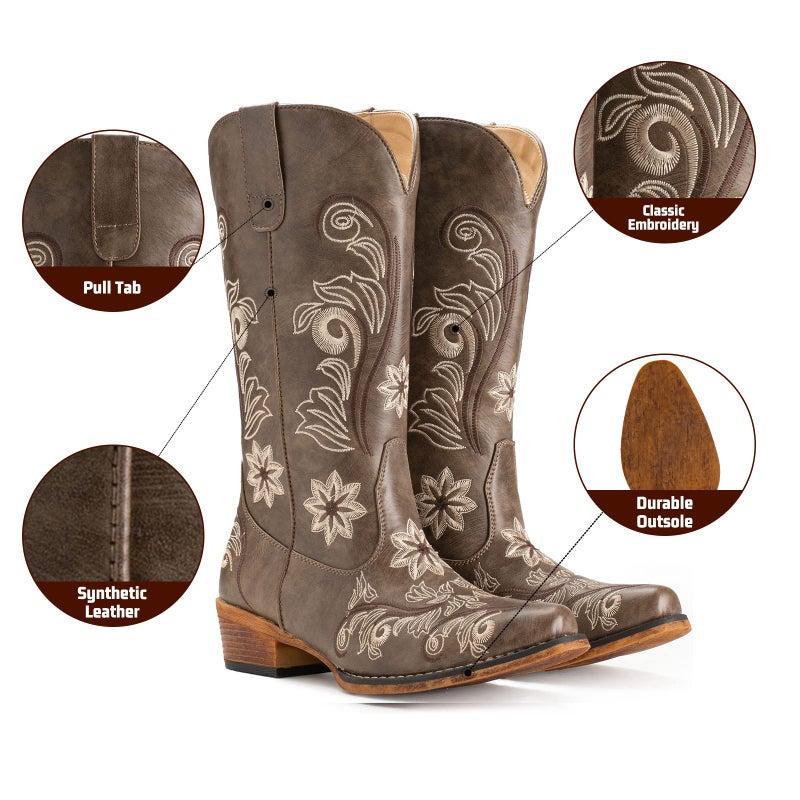 IUV Cowboy Boots For Women Mid Calf Cowgirl Boots Embroidered Pull-On Tabs Snip Toe Boot - Image 4