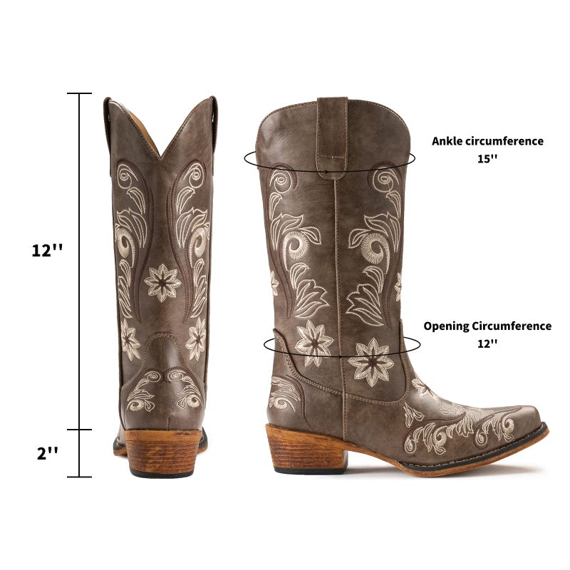 IUV Cowboy Boots For Women Mid Calf Cowgirl Boots Embroidered Pull-On Tabs Snip Toe Boot - Image 3