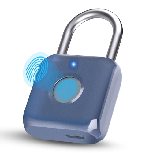 Pothunder Fingerprint Padlock, Smart Padlock, Locker Lock, Biometric Metal Keyless Fingerprint Lock, USB Rechargeable, for Gym Locker, Luggage, Backpack(Blue) - Image 1