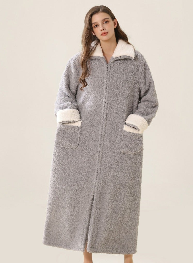 إسكدنيا جنس واحد الشتاء طويل سميك زيبر لابل فستان ليلي مخملي رداء حمام بيجاما رمادي - Image 1