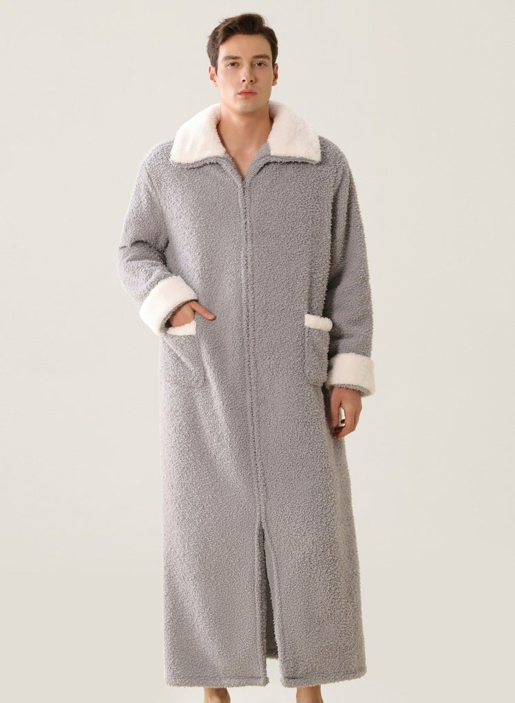 إسكدنيا جنس واحد الشتاء طويل سميك زيبر لابل فستان ليلي مخملي رداء حمام بيجاما رمادي - Image 2