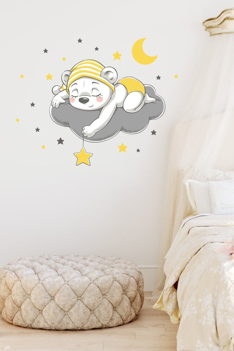 Kt Grup Kt Decoration Cute Bear in a Hat Sleeping in the Cloud Wall Sticker Set
