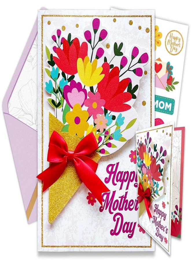 Decorably Glittery 5x8in Handmade Individual Happy Mothers Day Card for Mom with Red Ribbon and Flower Cutout, Happy Mother's Day Card for Mom with Envelope and Stickers, with Printed Message Inside - Image 1