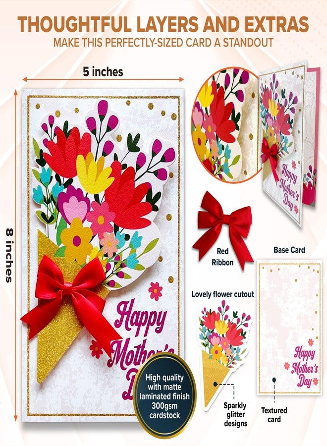 Decorably Glittery 5x8in Handmade Individual Happy Mothers Day Card for Mom with Red Ribbon and Flower Cutout, Happy Mother's Day Card for Mom with Envelope and Stickers, with Printed Message Inside - Image 5